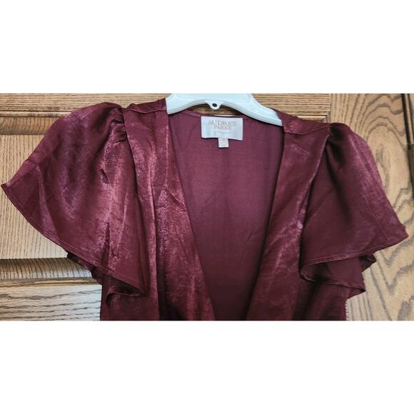 Audrey Parks Francesca’s Wrap Dress S Wrap Burgundy Ruffle Satin Flutter - Picture 2 of 7